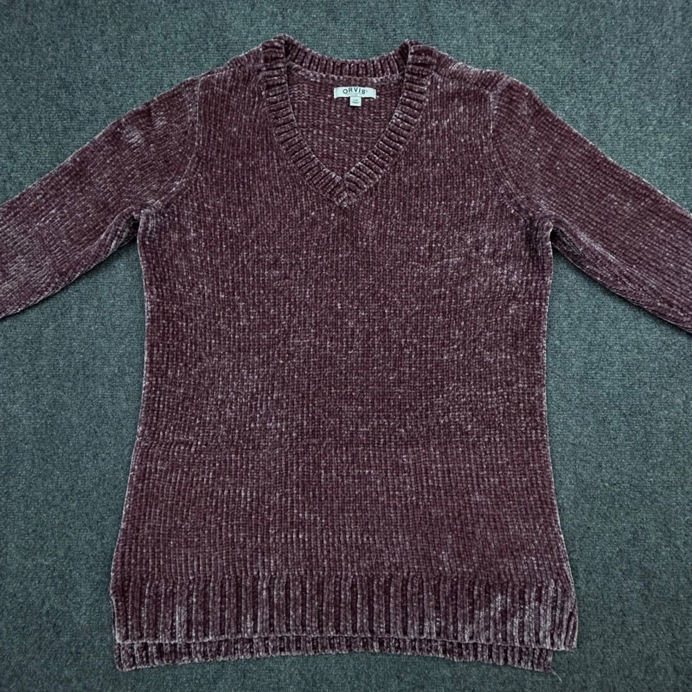 Orvis Chenille Sweater Womens L Dark Plum Purple V-Neck Long Sleeve Velvety Soft